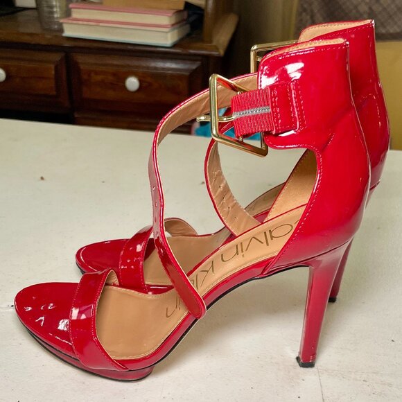 Calvin Klein Red Patent Leather Ankle Strap High Heels Stilettos - Size 9 - Picture 1 of 12